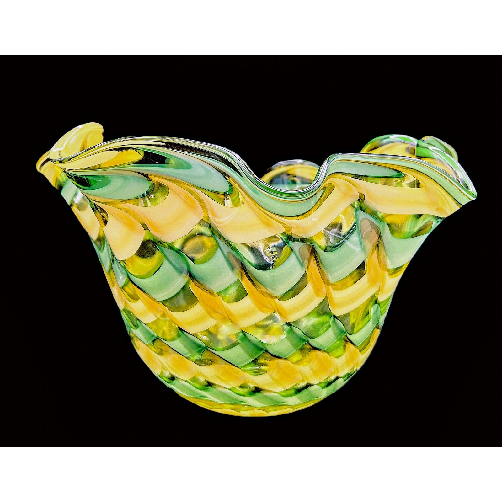 Handblown Midcentury Handkerchief Glass Bowl With Yellow & Green Ribbon Design