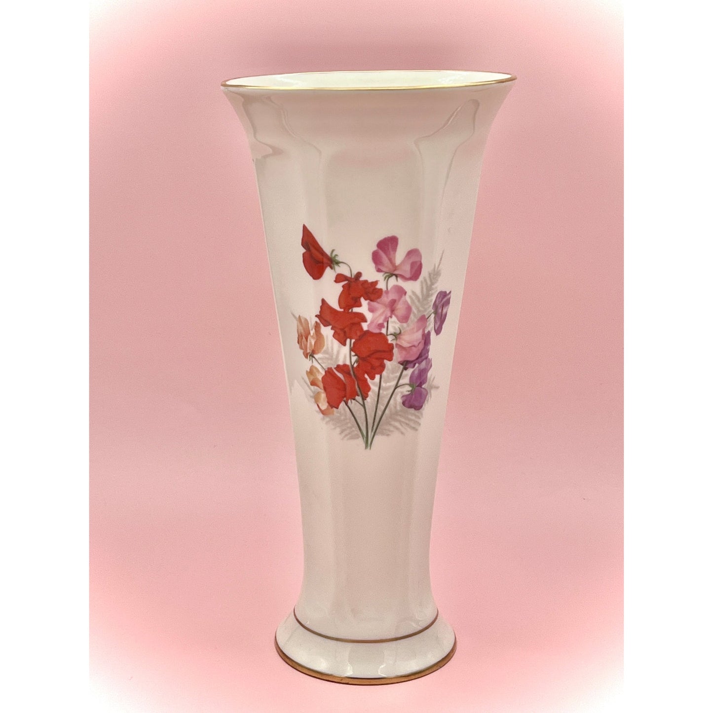 Vintage Pickard China Sweet Pea Floral Vase, 10-Inch, Made in USA, Gold Trim - Note Flaw