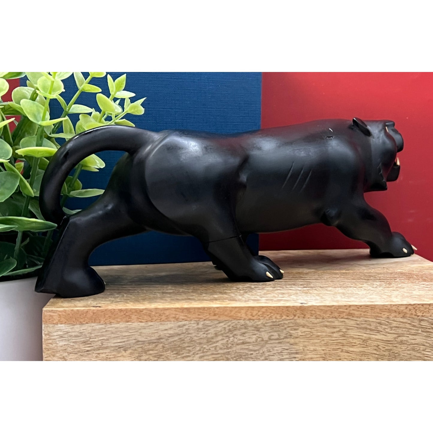 Mid-Century Hand-Carved 11.5” Black Panther Ebony Wood Statue