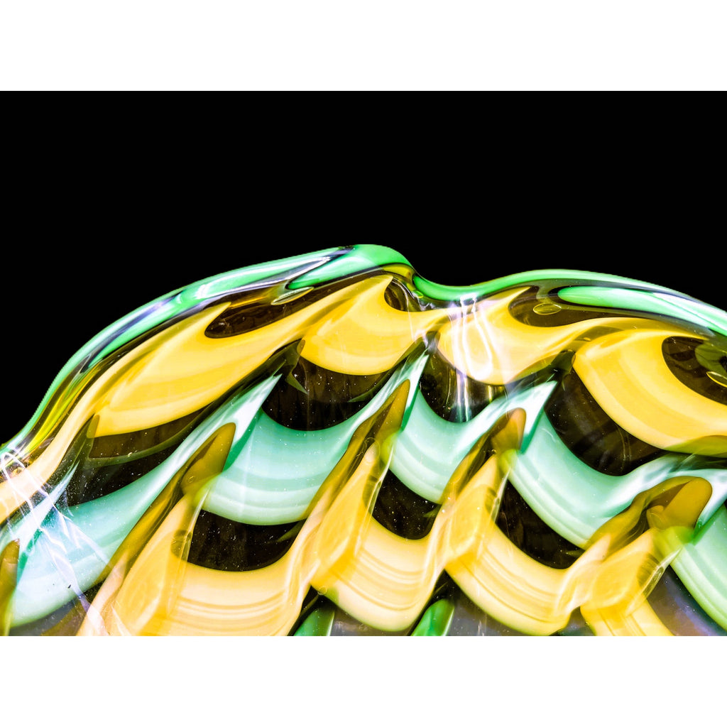 Handblown Midcentury Handkerchief Glass Bowl With Yellow & Green Ribbon Design