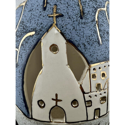 Hand Thrown Southwestern Style Art Pottery 10" Lantern w/ Cutouts & Gold Trim