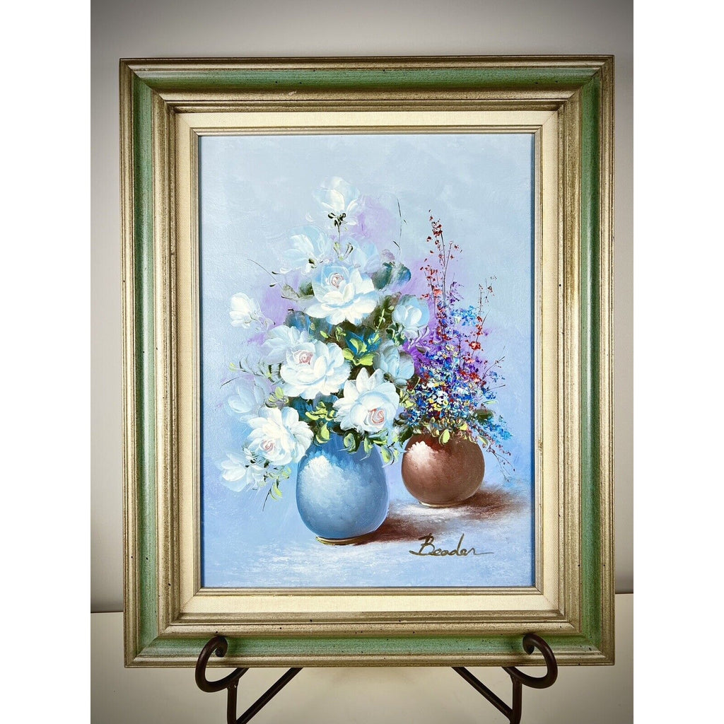 Beader Framed Oil on Canvas of Flowers in a Vase
