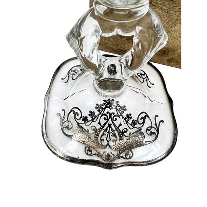 Exquisite Set of 4 Vintage Keyhole Glass Candlesticks with Embossed Silver Bases