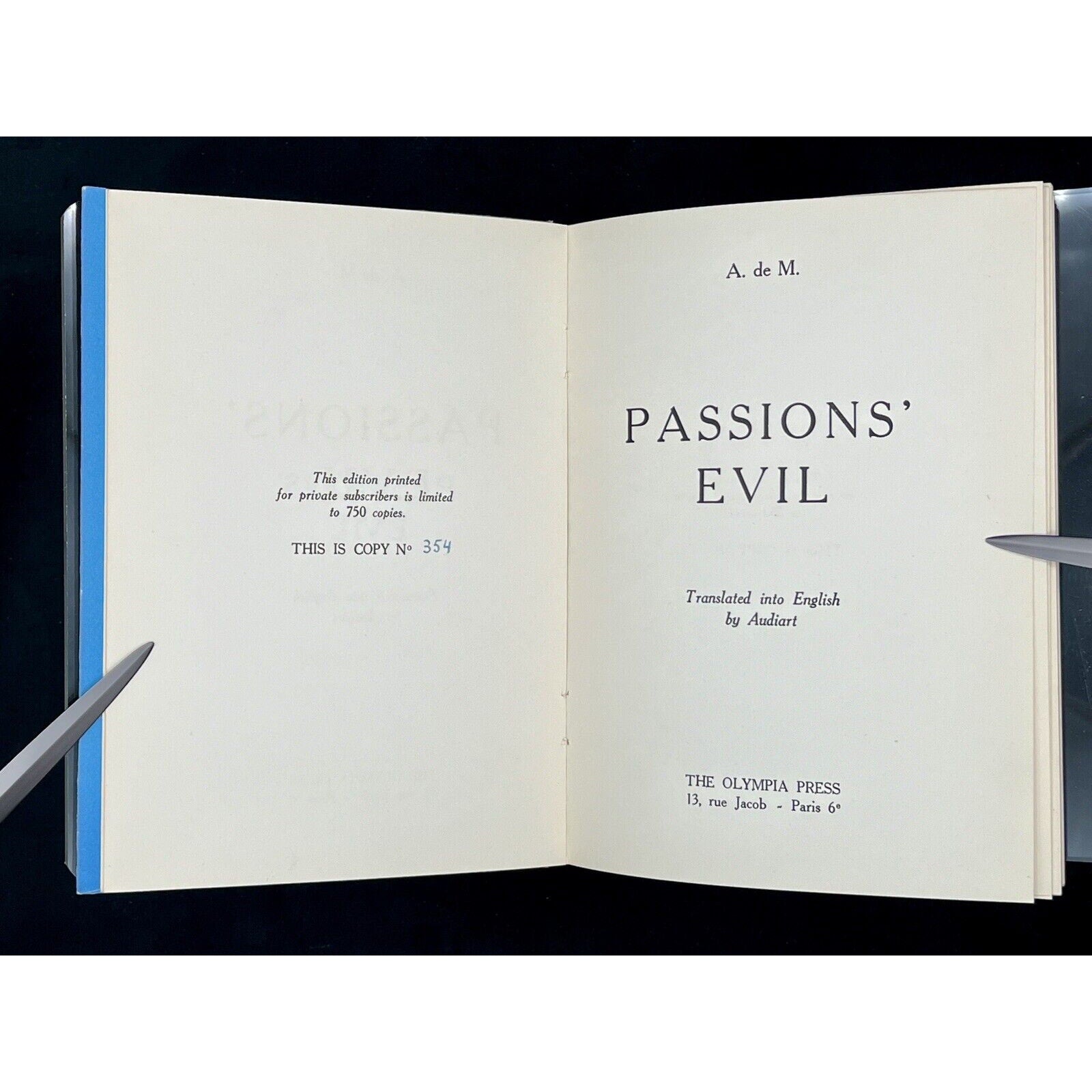 Passions Evil by Alfred de Musset- 1953 First Edition, Numbered