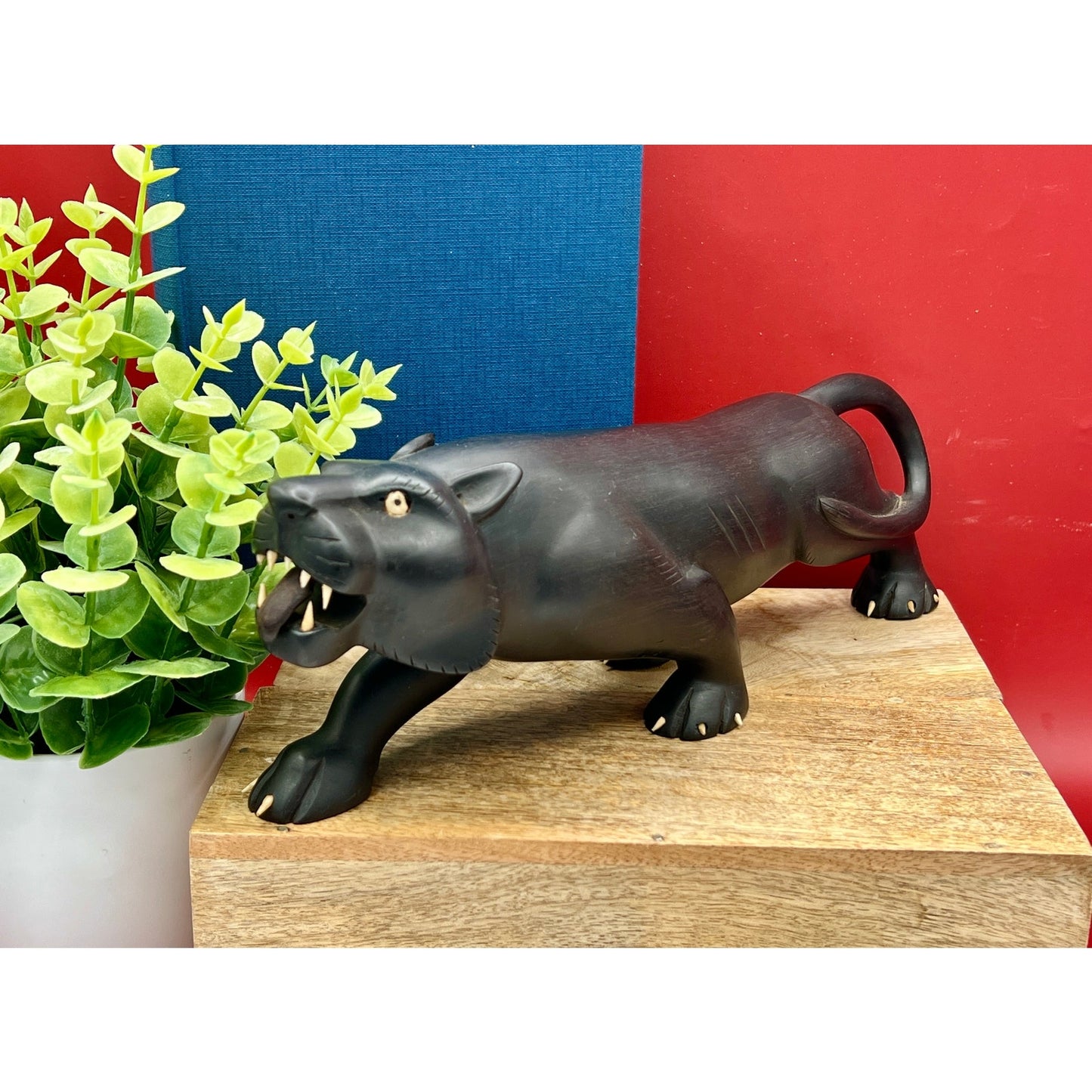 Mid-Century Hand-Carved 11.5” Black Panther Ebony Wood Statue