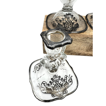 Exquisite Set of 4 Vintage Keyhole Glass Candlesticks with Embossed Silver Bases