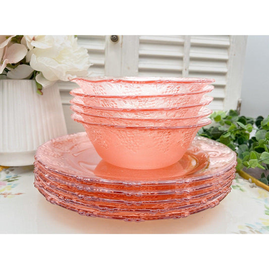 Set of 5 KIG Indonesia Pink Grape Harvest Depression Glass 10” Plates and 7” Bowls - That’s My JAmm