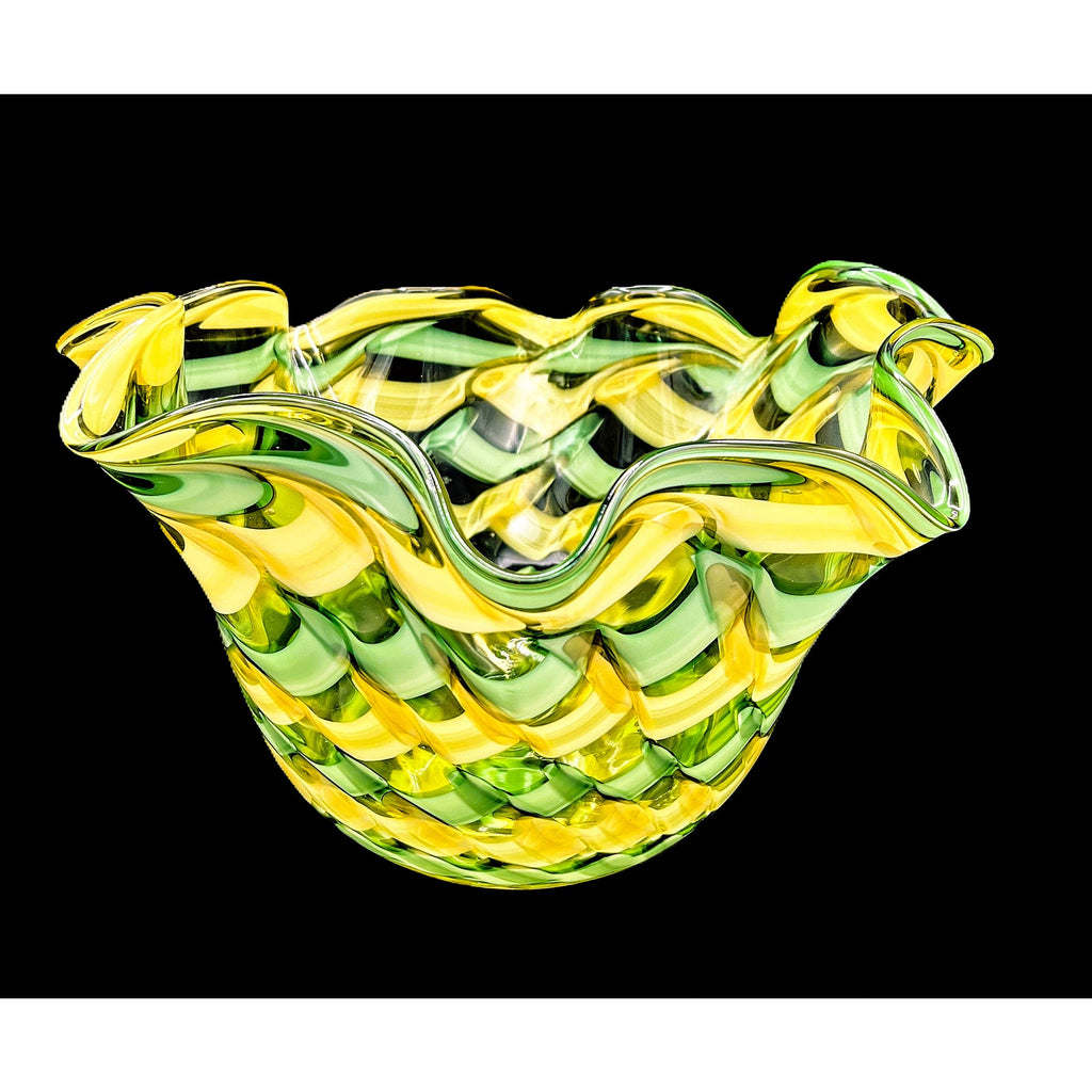 Handblown Midcentury Handkerchief Glass Bowl With Yellow & Green Ribbon Design