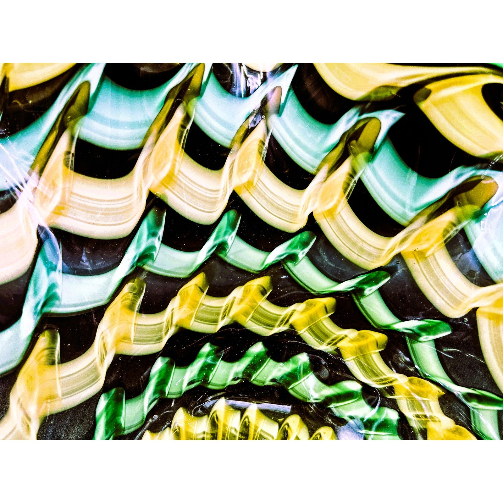 Handblown Midcentury Handkerchief Glass Bowl With Yellow & Green Ribbon Design