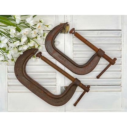 Vintage Adjustable Heavy-Duty Steel C-Clamps Set Of 2 Industrial Tools 5" & 6"