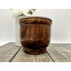 Antique dark wood mortar and pestle with lid, 3.5 in tall, 6.25 in pestle, worn and rustic.