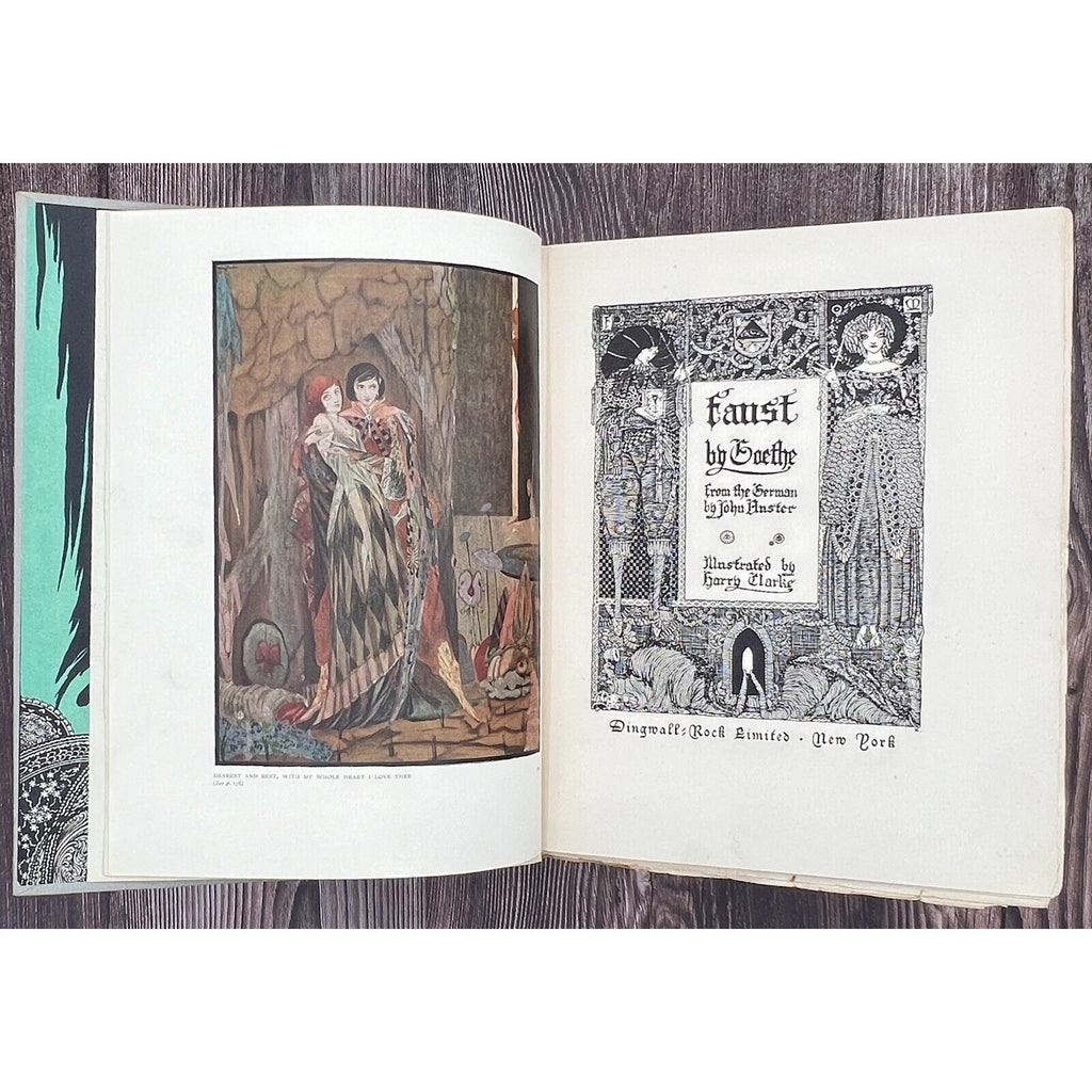 1925 Faust illustrated edition by Goethe with Harry Clarke illustrations; left color plate, right ornate title page.