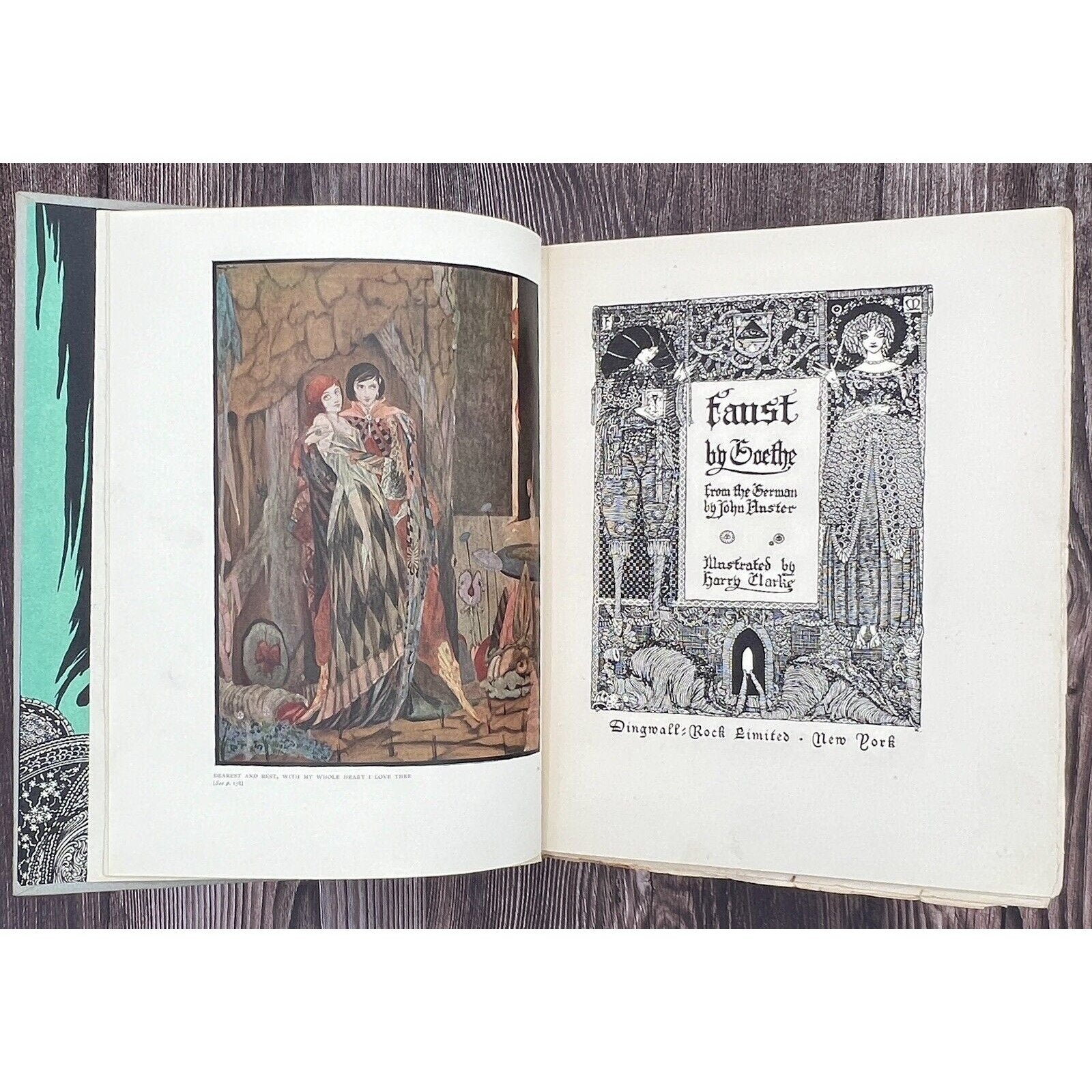 1925 Faust illustrated edition by Goethe with Harry Clarke illustrations; left color plate, right ornate title page.