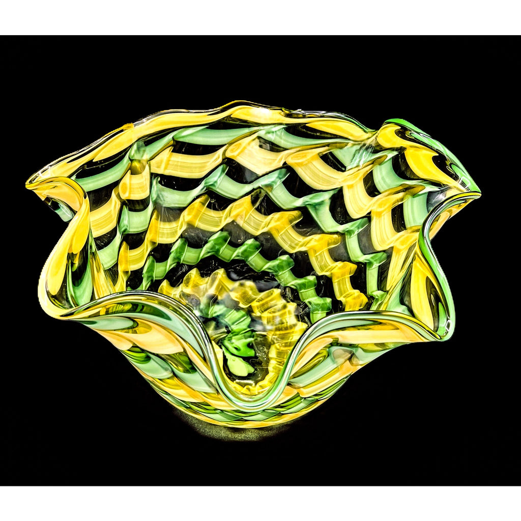 Handblown Midcentury Handkerchief Glass Bowl With Yellow & Green Ribbon Design