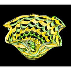 Handblown Midcentury Handkerchief Glass Bowl With Yellow & Green Ribbon Design