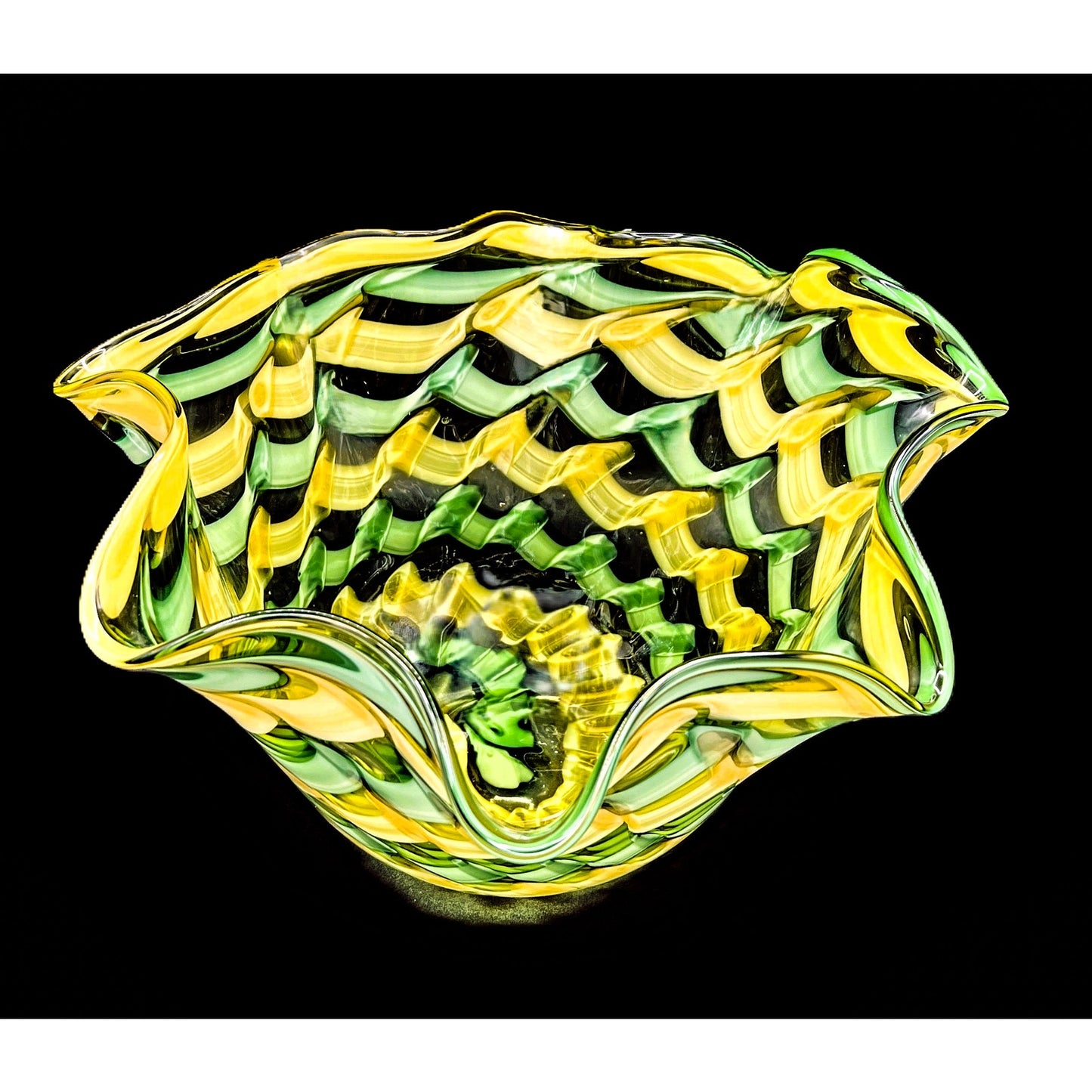 Handblown Midcentury Handkerchief Glass Bowl With Yellow & Green Ribbon Design