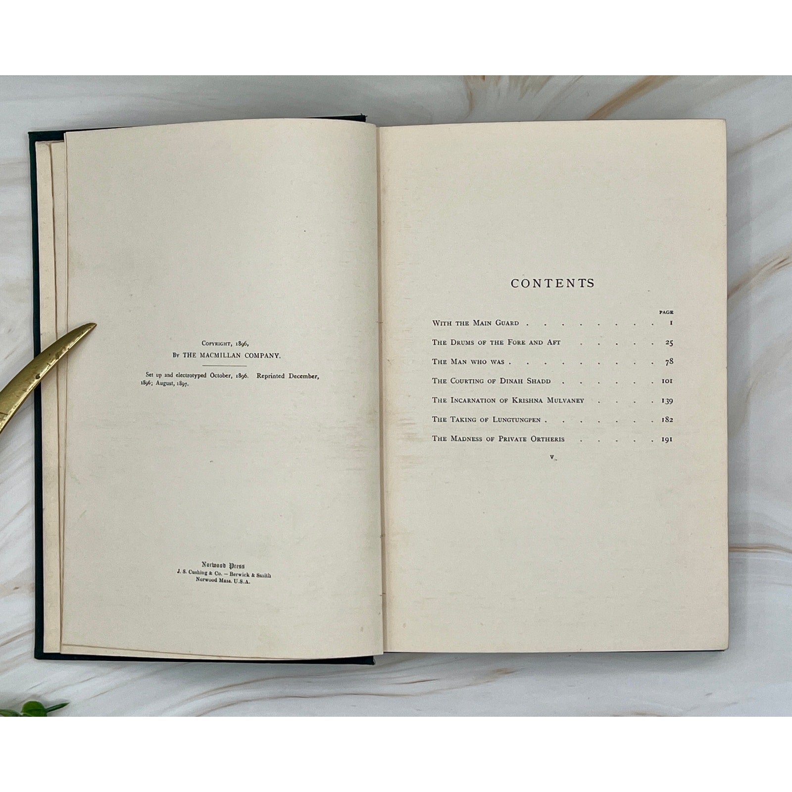 Antique Rudyard Kipling Soldier Stories (1897) hardcover with gilt-stamped soldiers and exotic wildlife; contents page.