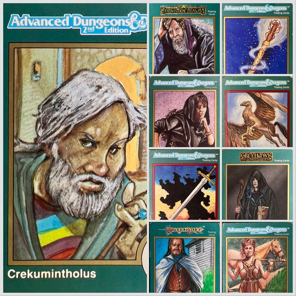 Vintage AD&D 2nd Edition 11-card TSR trading card lot featuring Crekumintholus and characters monsters spells relics.