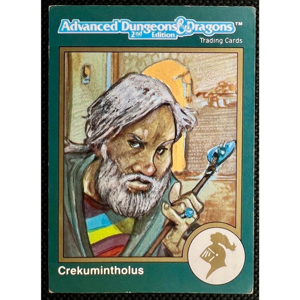 Crekumintholus trading card from AD&D 2nd Edition, teal border, bearded man wielding a staff.