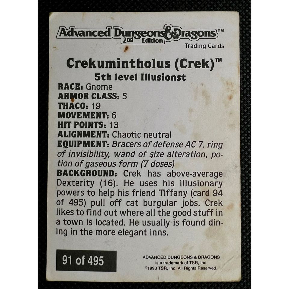 Vintage 1993 TSR AD&D 2nd Edition trading card from an 11-card lot; Crekumintholus (Crek) 5th-level Illusionist.