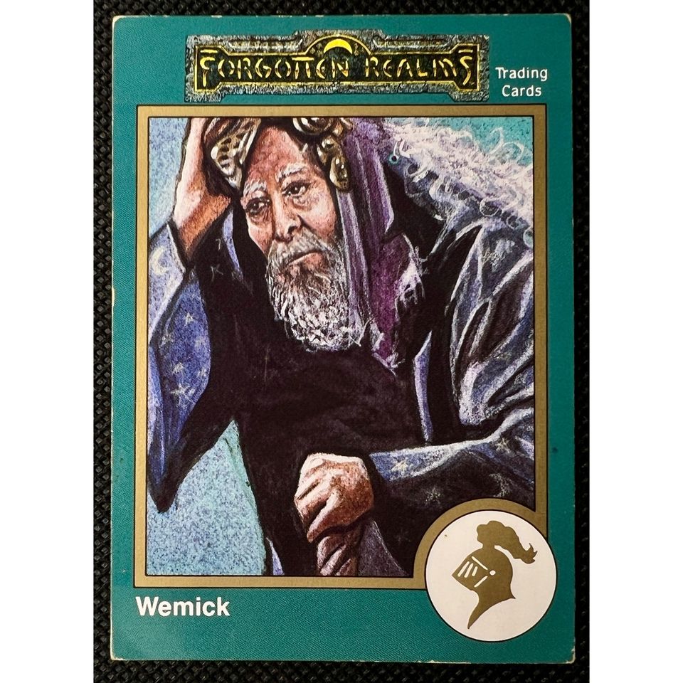 Wemick trading card from Forgotten Realms Trading Cards; teal border, elderly wizard portrait holding a staff.