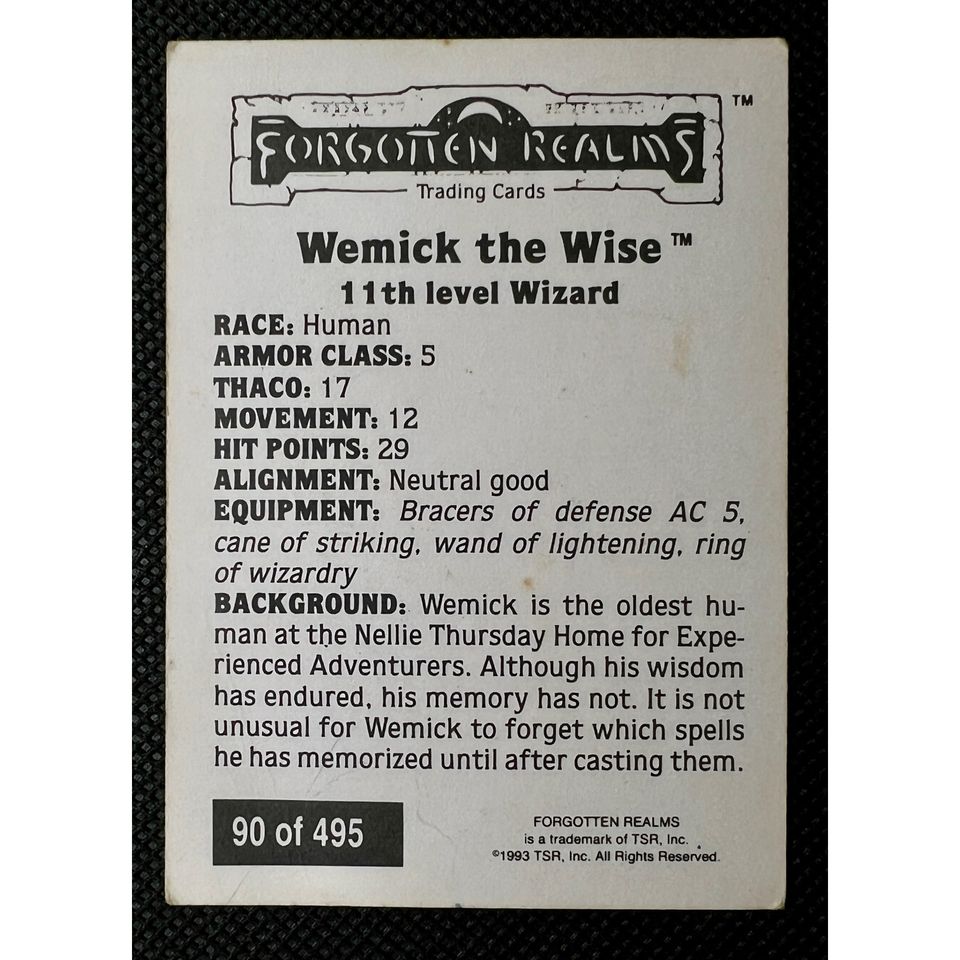 Wemick the Wise, 11th-level Wizard card from Forgotten Realms Trading Cards (1993 TSR AD&D 2e) showing race, AC, HP.