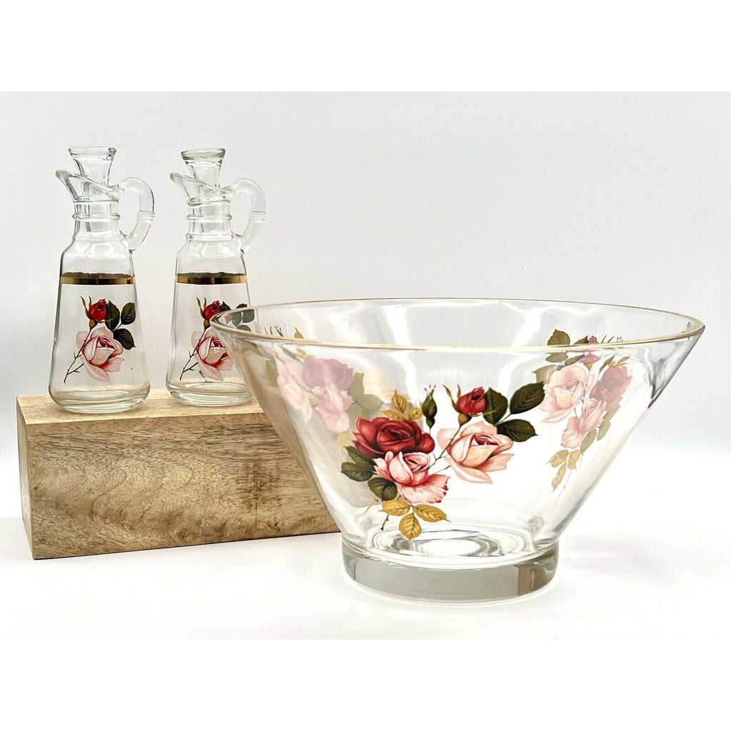 West Virginia Glass Radiant Rose 10.5-inch salad bowl with two oil & vinegar cruets in floral handblown glass.