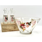 West Virginia Glass Radiant Rose 10.5-inch salad bowl with two oil & vinegar cruets in floral handblown glass.