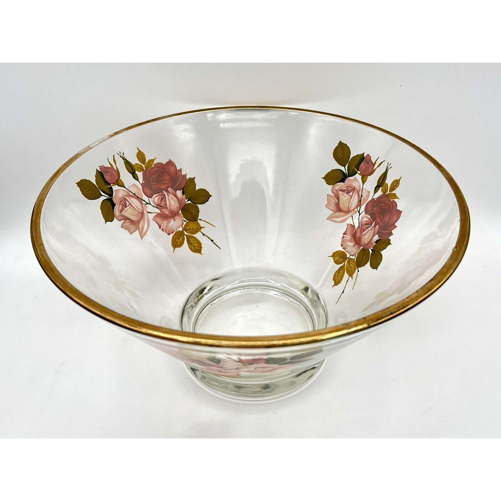 West Virginia Glass Radiant Rose 10.5-inch salad bowl with pink roses and a gold rim.