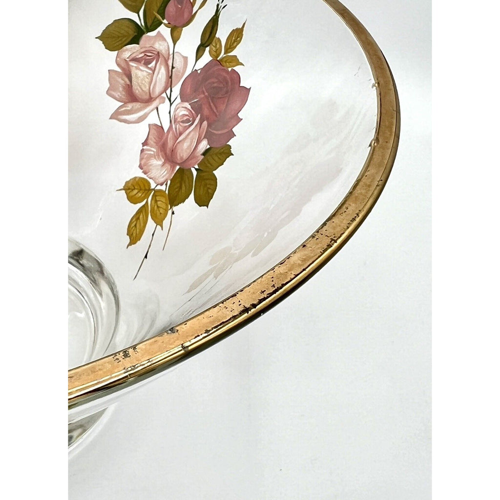 West Virginia Glass Radiant Rose 10.5-inch salad bowl with pink rose motif and gold rim.
