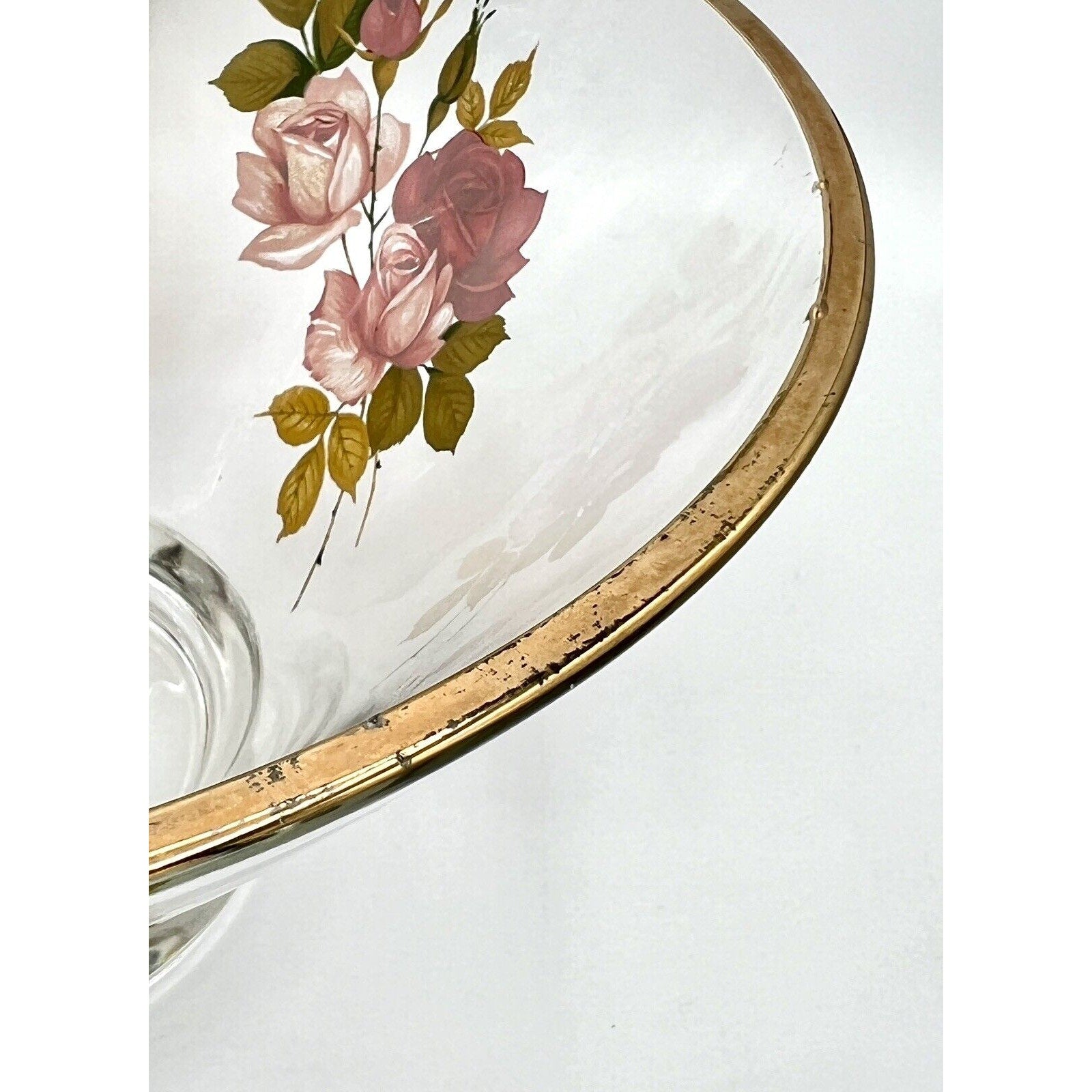West Virginia Glass Radiant Rose 10.5-inch salad bowl with pink rose motif and gold rim.