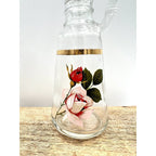 Clear glass oil and vinegar cruet with Radiant Rose motif, gold band, handmade in the USA.
