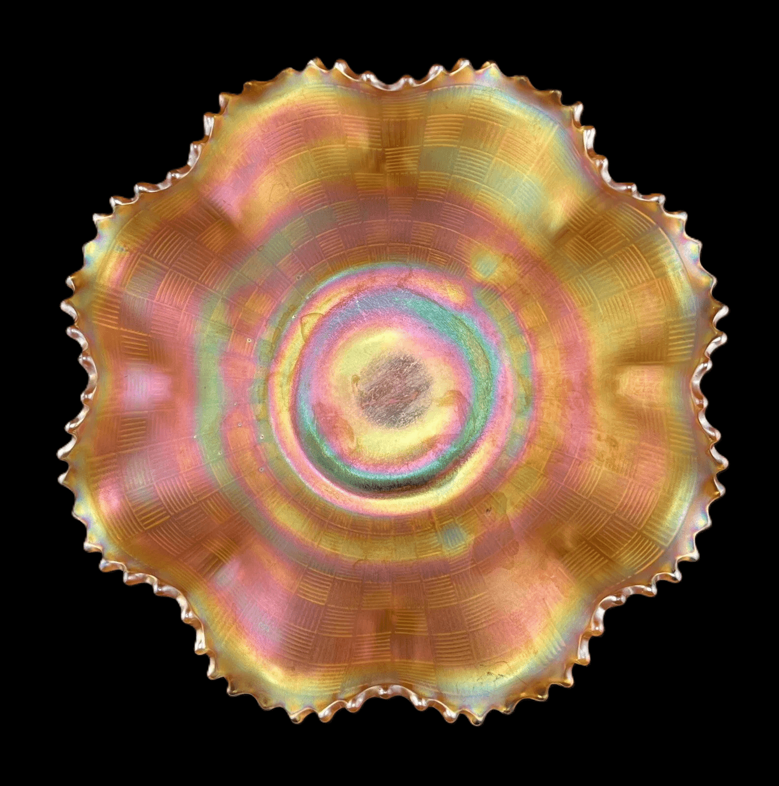 Gorgeous 8" Amber Northwood Basketweave Ruffled Carnival Glass Bowl - That’s My JAmm